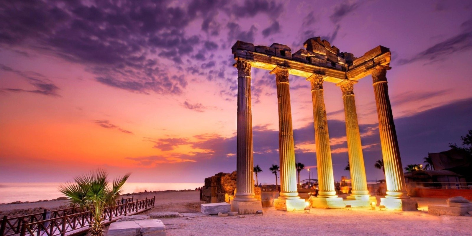 Illuminated ancient Roman columns on the Turquoise Coast at sunset