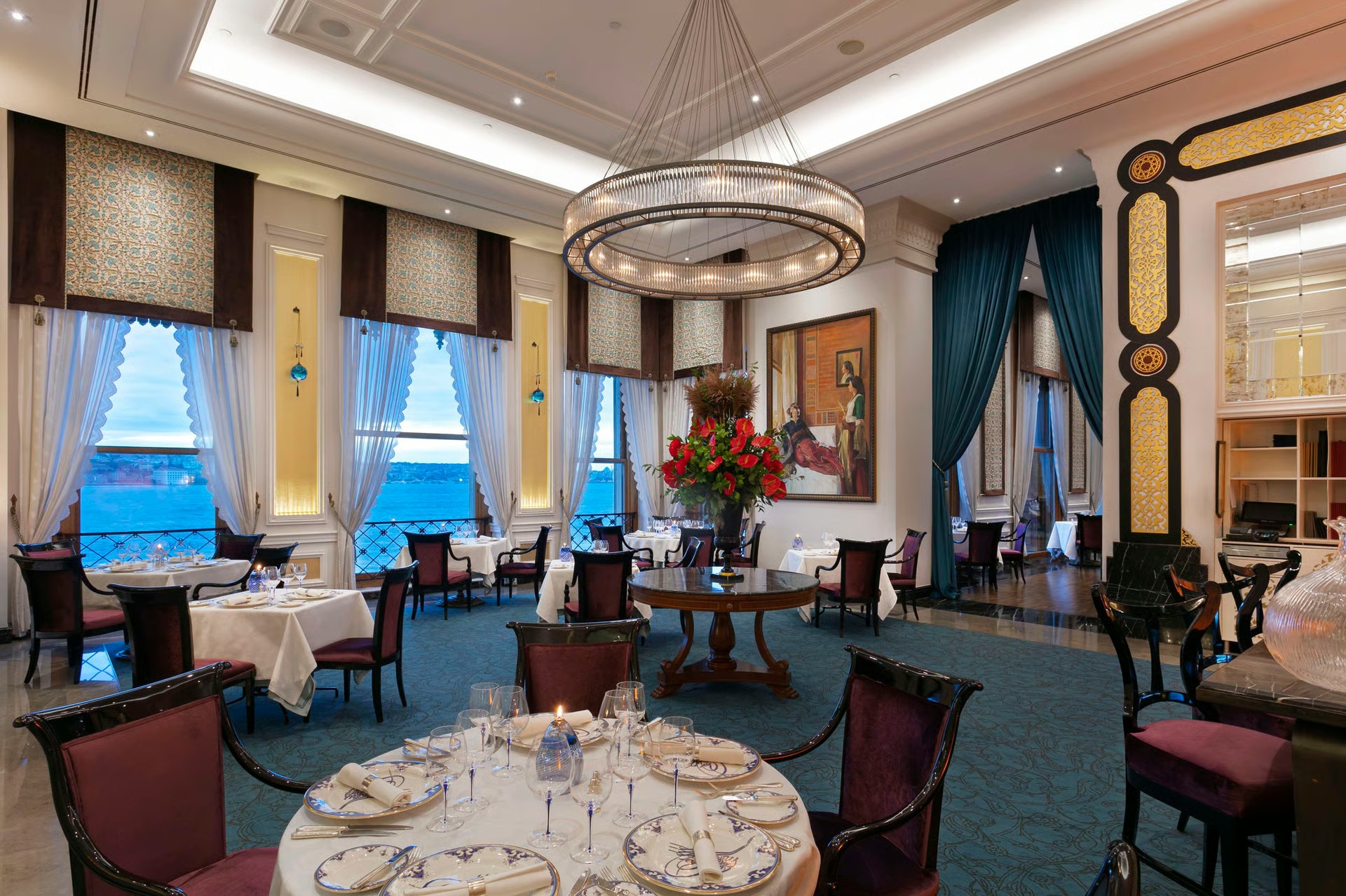 Çırağan Palace on the Bosphorus, where Tuğra occupies the historic palace dining room